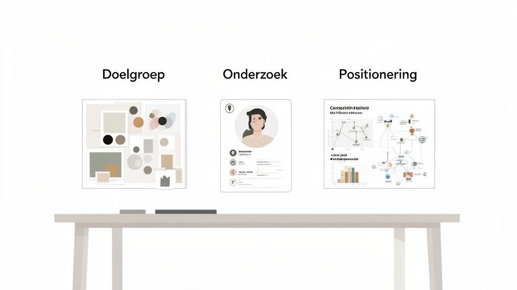 Drie strategische concepten: Doelgroep, Onderzoek en Positionering, weergegeven met visuals op een witte achtergrond.
