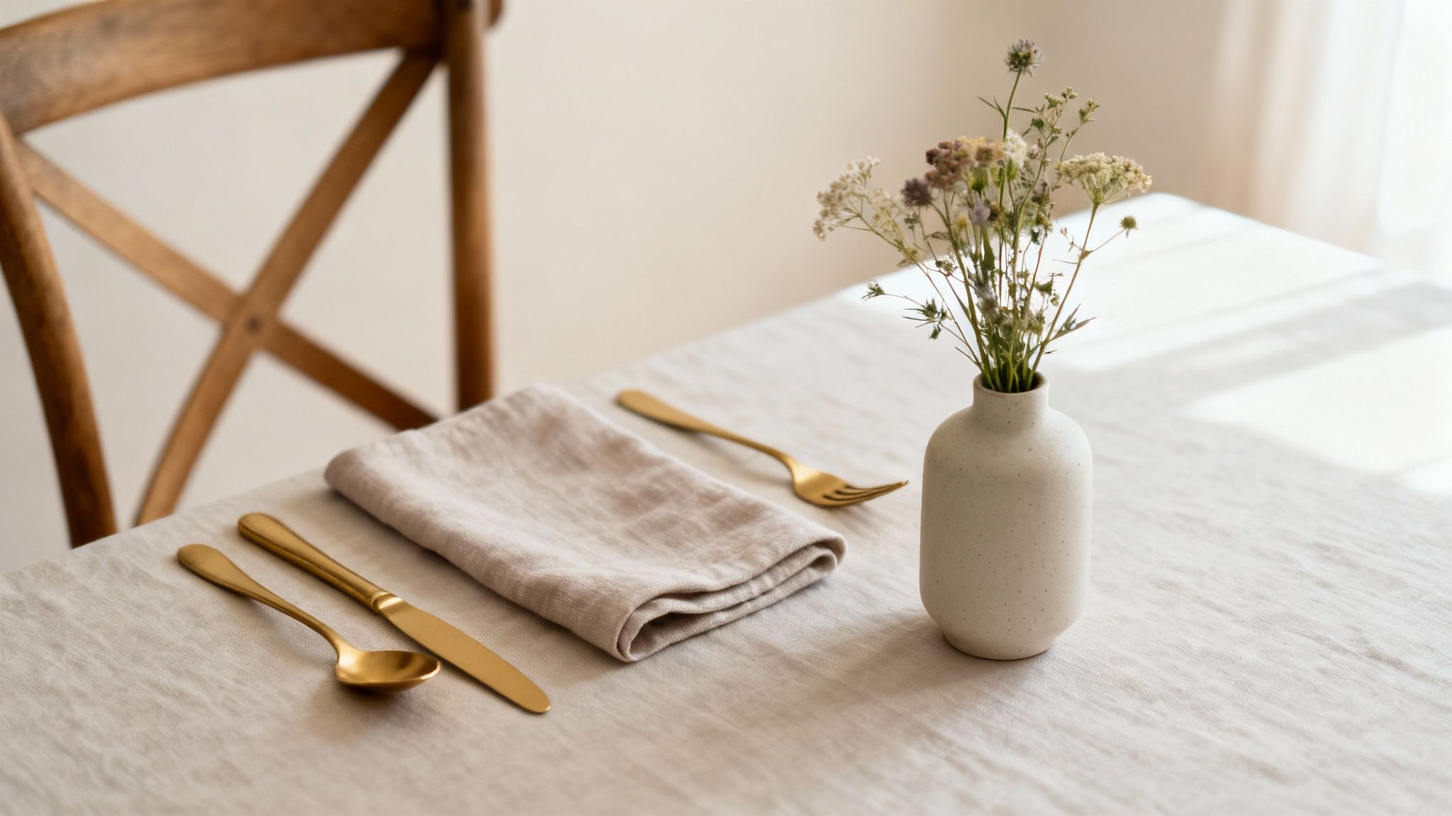 Gouden bestek set op linnen servet naast vaas met bloemen op gedekte tafel