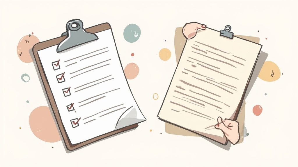 Een illustratie van twee klemborden. Eén heeft een checklist met afgevinkte items, de ander tekst die wordt vastgehouden.