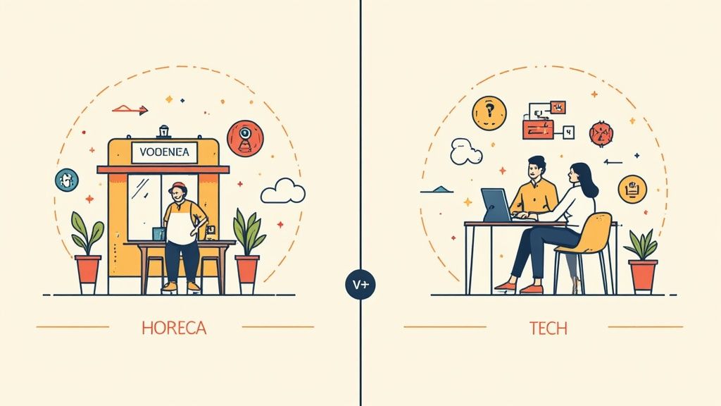 Illustratie die de HORECA en TECH sectoren vergelijkt, met werknemers in hun respectievelijke werkomgevingen.