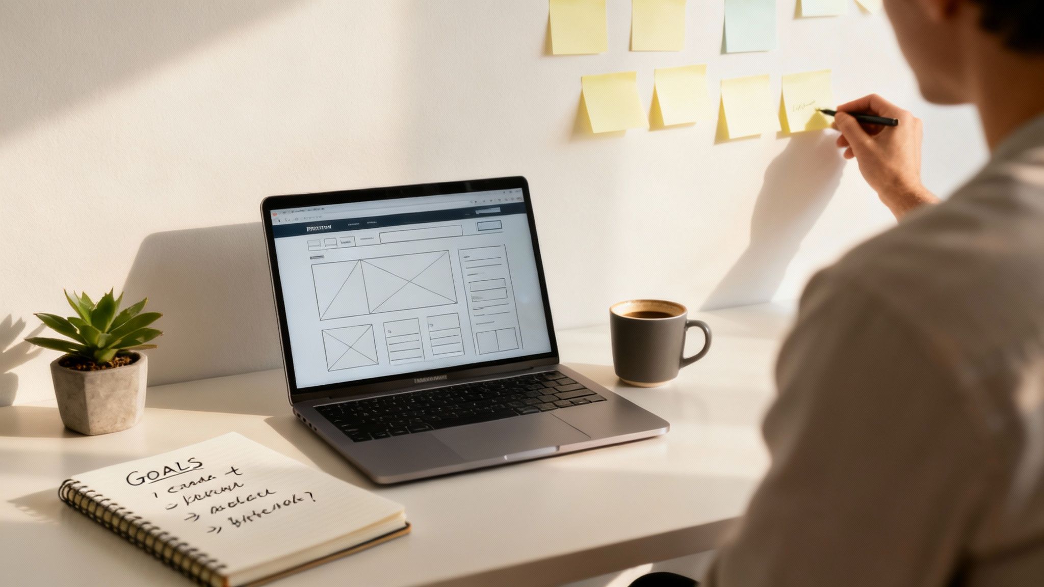 Een persoon die nadenkt over een websiteontwerp, omringd door vraagtekens en ideeën.