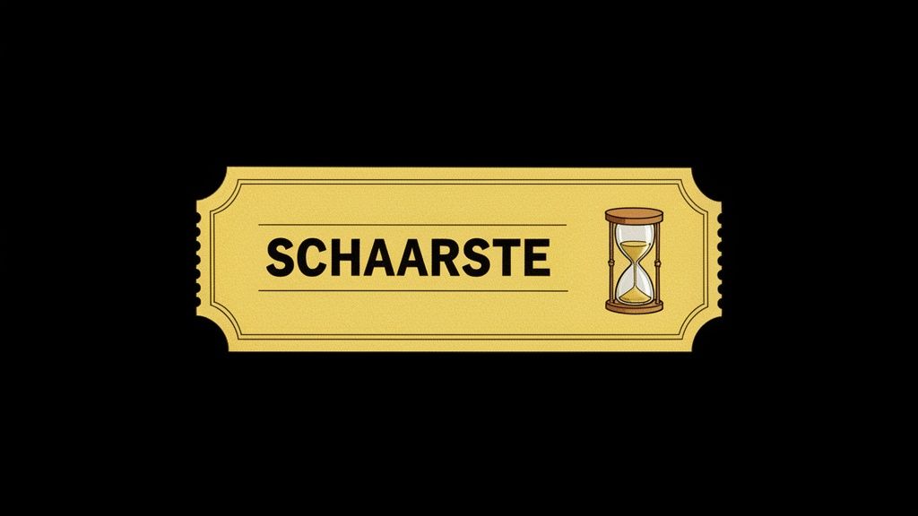 Gouden ticket met het woord 'SCHAARSTE' en een zandloper, wat schaarste en tijdsdruk symboliseert.