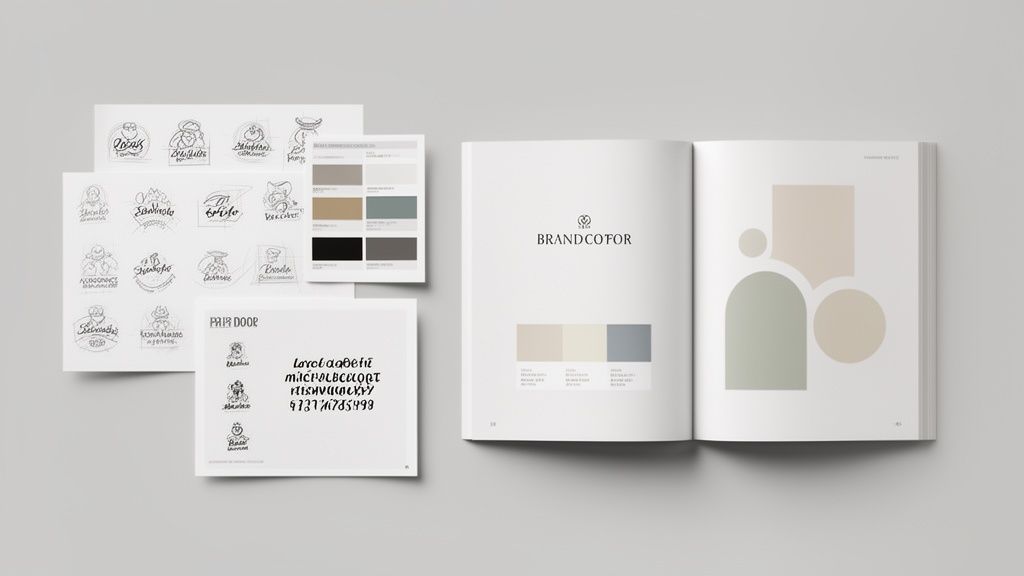 Verschillende branding documenten en schetsen op een witte achtergrond, met een open brandboek.