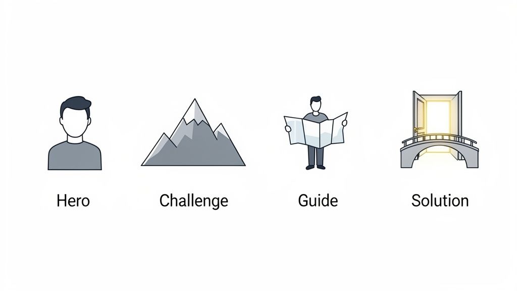 Een illustratie van het storytellingmodel met iconen voor held, uitdaging, gids en oplossing.