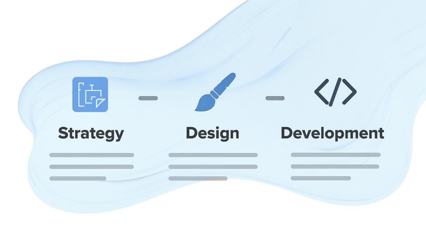 Afbeelding toont het proces van websitestrategie, ontwerp en ontwikkeling, geïllustreerd met iconen.