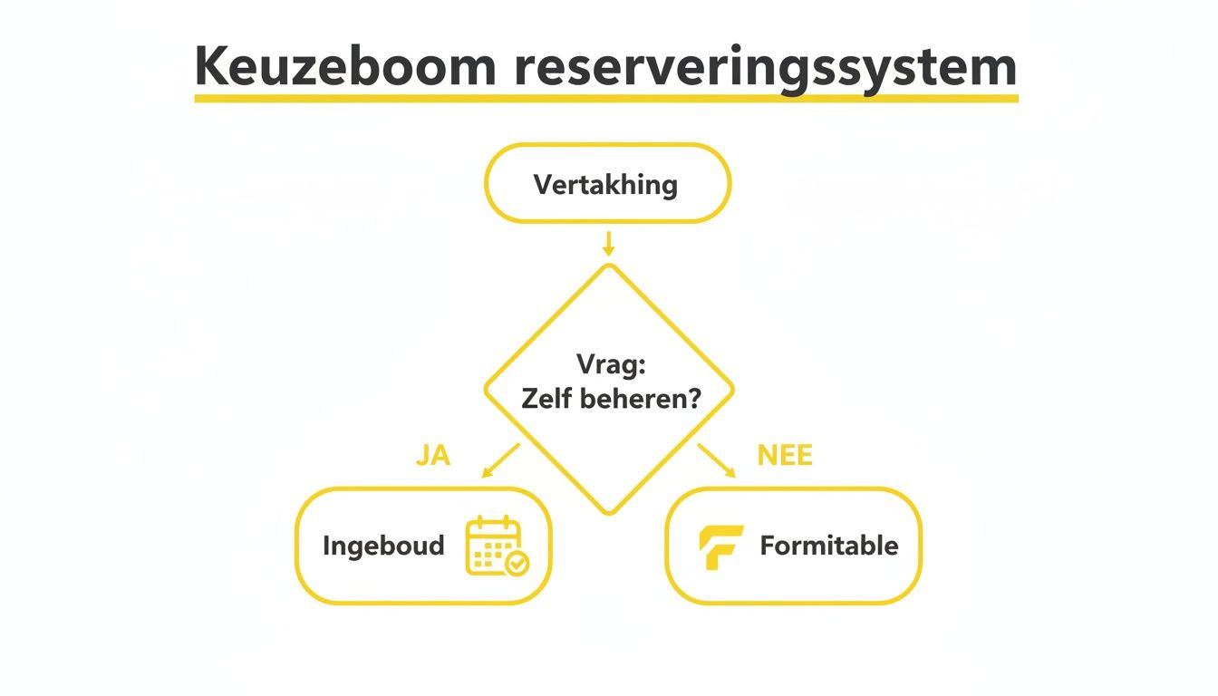 Stroomschema van een reserveringssysteem met opties voor zelfbeheer (ingebouwd) of Formitable.
