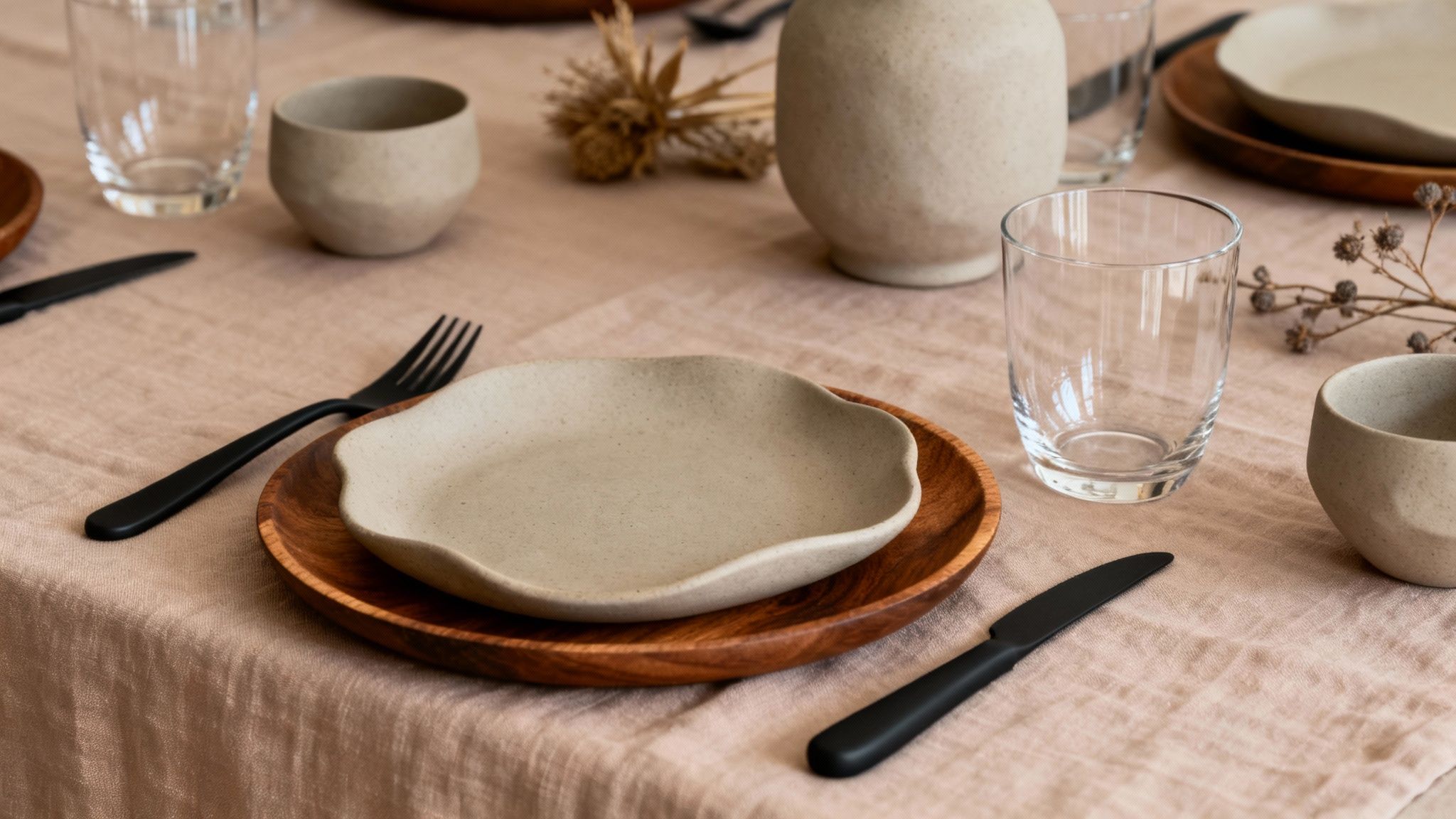 Een prachtig gedekte tafel in natuurlijke tinten, met keramische borden, houten onderborden, glazen en zwart bestek op een lichtroze linnen tafelkleed.