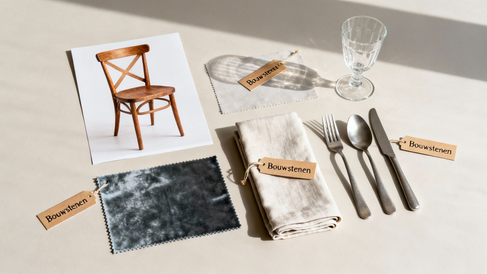 Diverse stalen voor evenementenstyling, inclusief een houten stoel, stofstalen, linnen servet, glas en bestek.