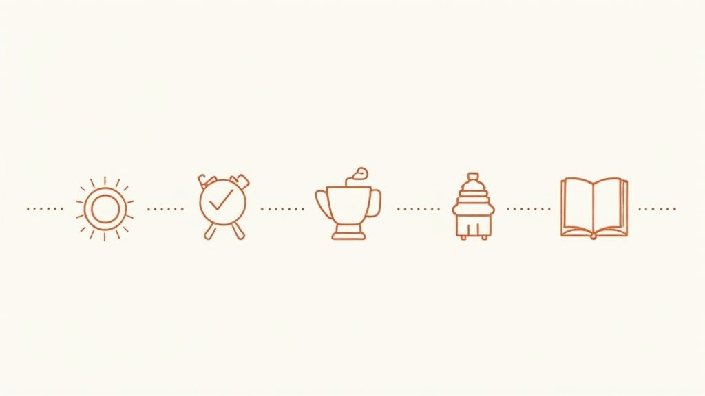Lineaire illustratie van een dagelijkse routine met iconen voor zon, wekker, koffie, gebak en lezen.