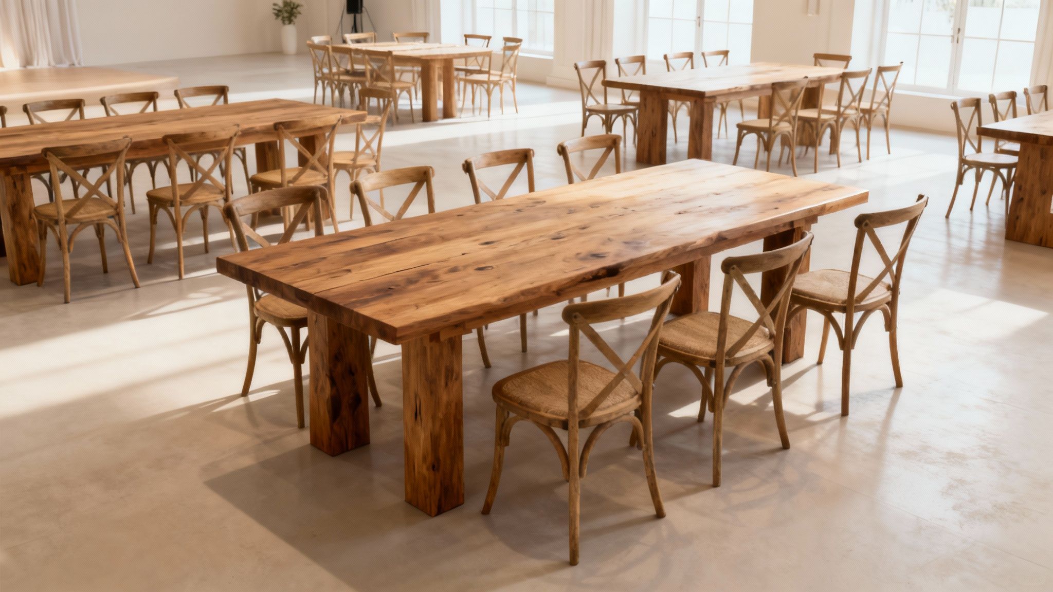 Gedekte tafels en stoelen op een bruiloftsevenement