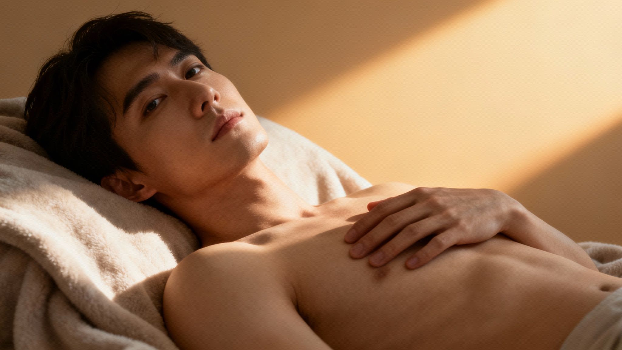 Jonge man zonder shirt ligt ontspannen op een beige deken, kijkt in de camera. Zonlicht valt op de achtergrond.