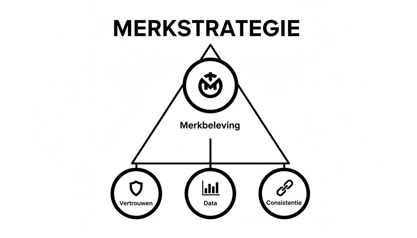 Illustratie van merkstrategie met merkbeleving centraal, gevoed door vertrouwen, data en consistentie.