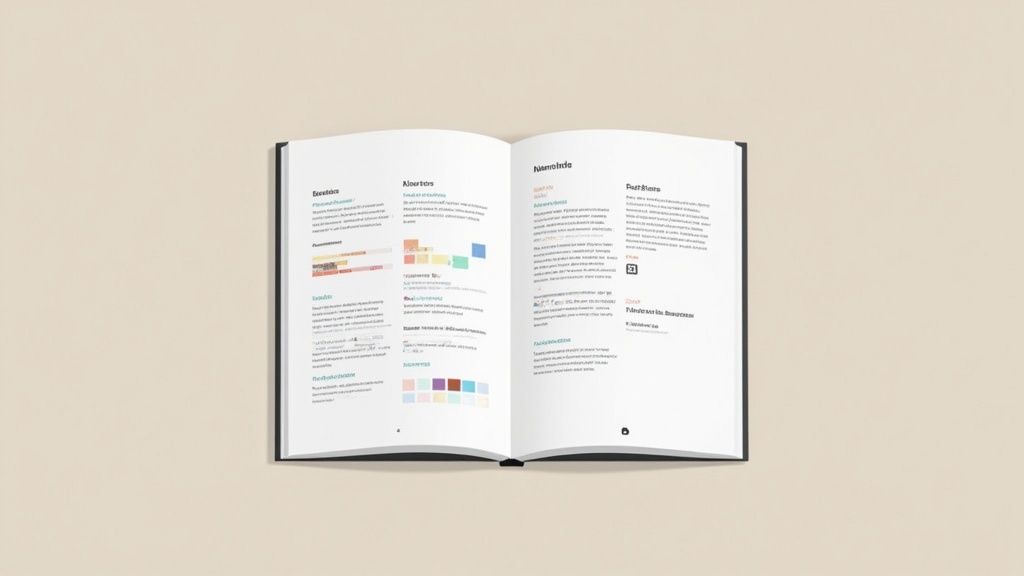 Open boek met overzicht van visuele identiteit ontwerprichtlijnen, kleurpaletten en merkstijlen op beige achtergrond