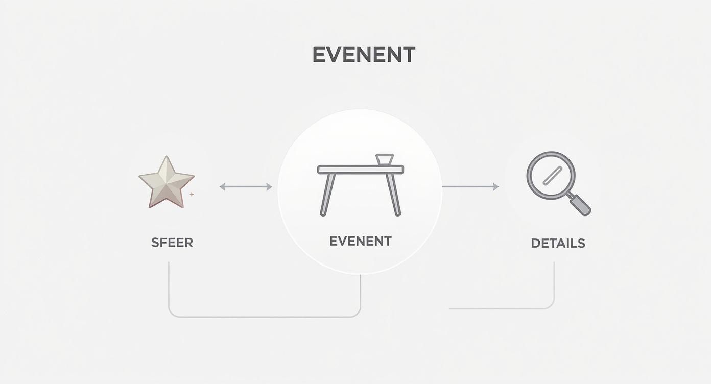 Diagram toont het proces van evenement organiseren: sfeer, evenement en details met tafel icoon