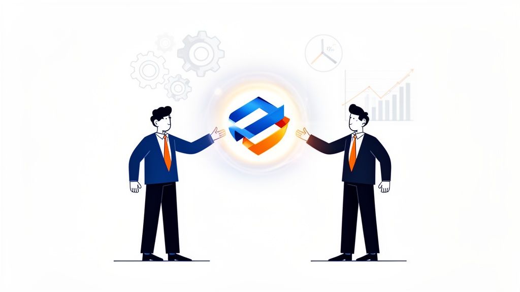 Twee zakenmannen in pakken reiken uit naar een abstract logo, omringd door symbolen van groei en technologie.