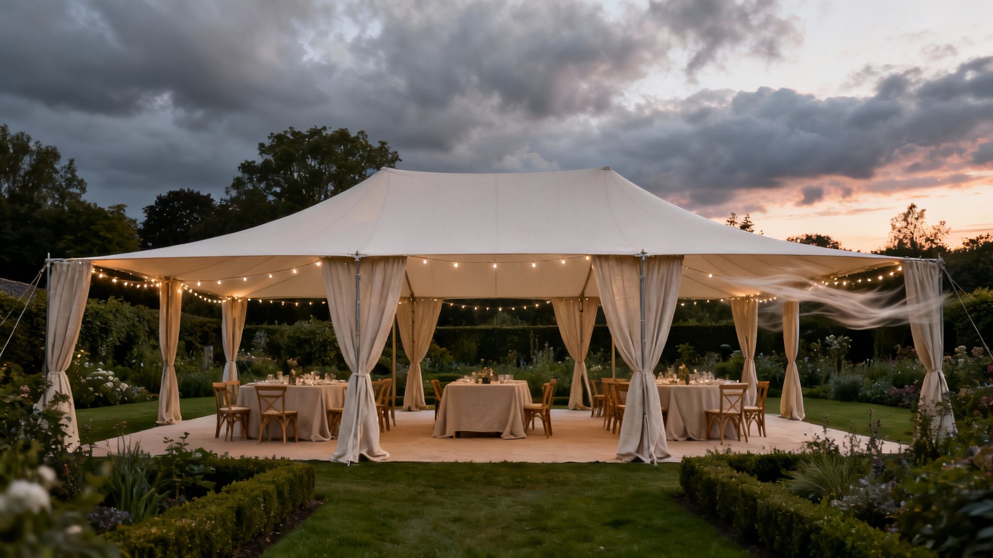 Witte stretchtent opgezet in een tuin met gedekte tafels, stoelen en sfeervolle verlichting bij schemering.