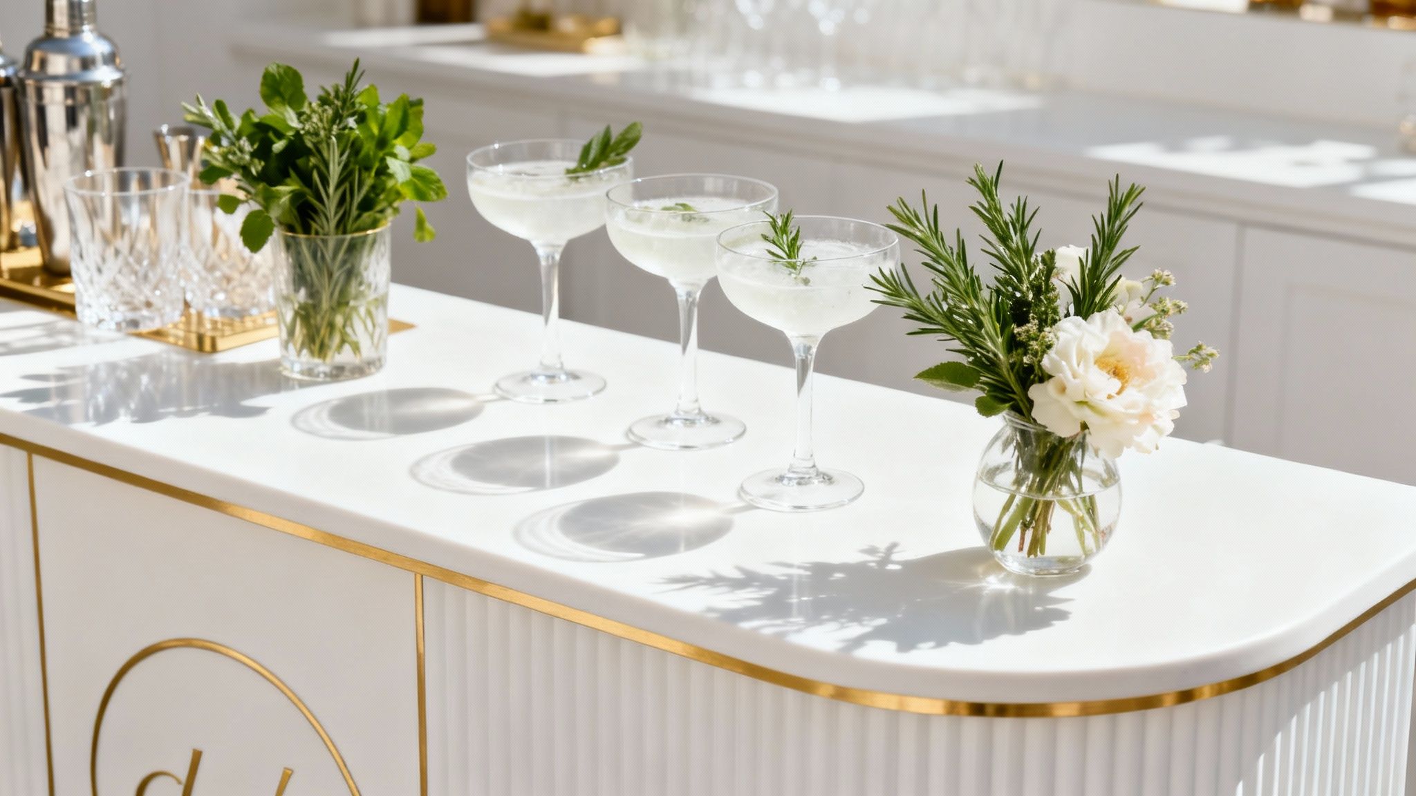 Een prachtig gestylde mobiele cocktailbar op een bruiloft met bloemendecoratie