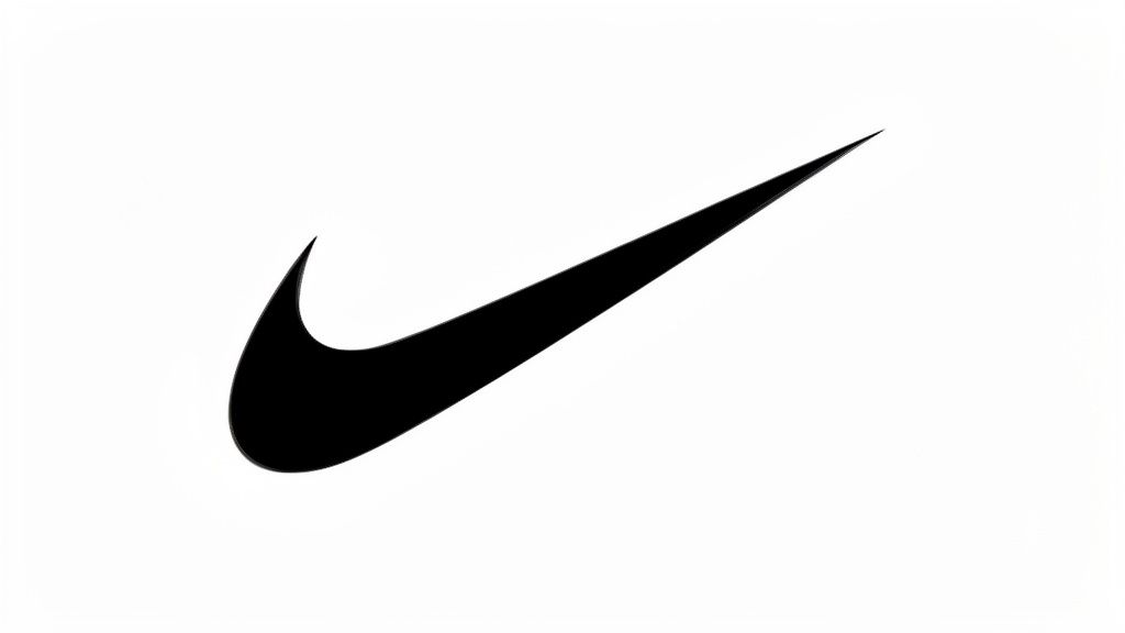 Een iconisch zwart Nike swoosh-logo op een helderwitte achtergrond, symbool voor sport en beweging.