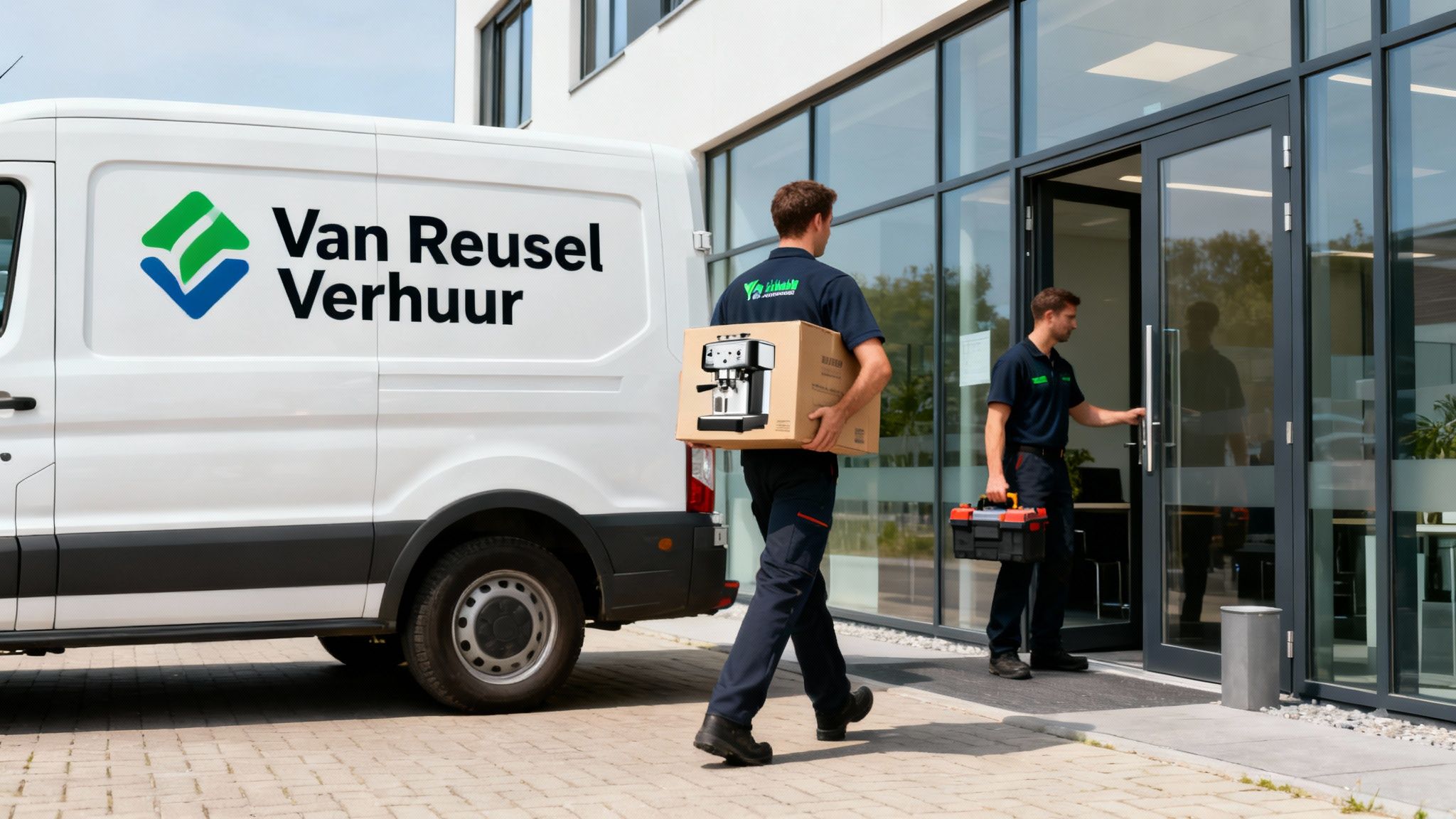 Twee medewerkers van Van Reusel Verhuur leveren een koffieapparaat af bij een modern kantoorgebouw.