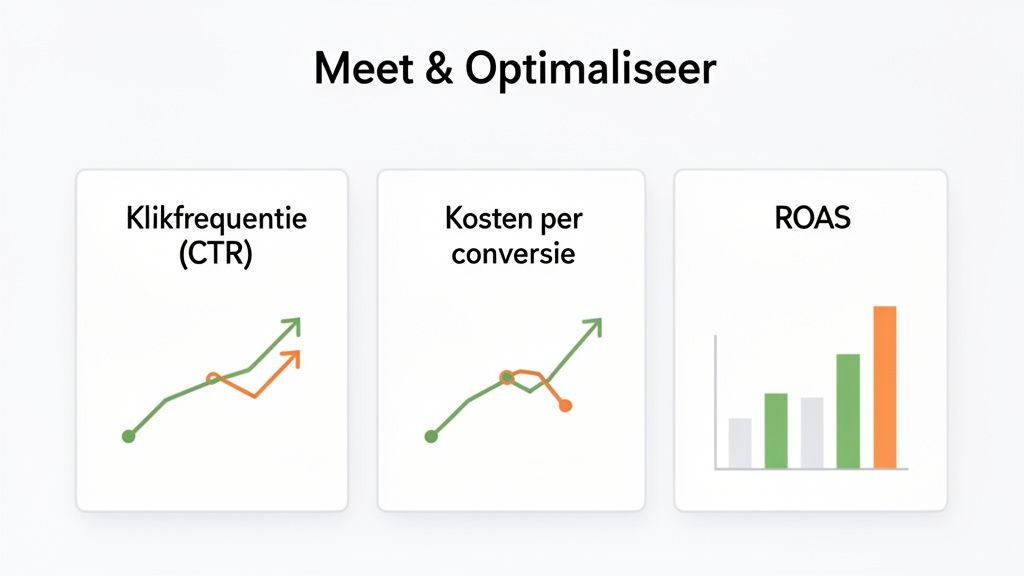 Overzicht van statistieken voor meting en optimalisatie: klikfrequentie (CTR), kosten per conversie en ROAS.