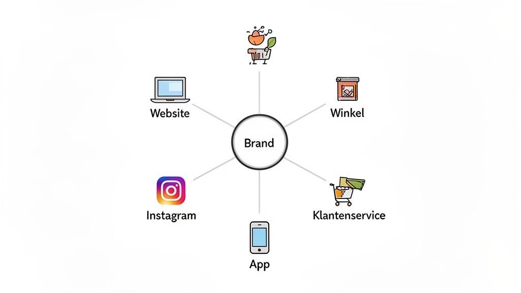 Visualisatie van een merk dat communiceert via zes verschillende klantcontactpunten, zoals website, winkel, app en sociale media.