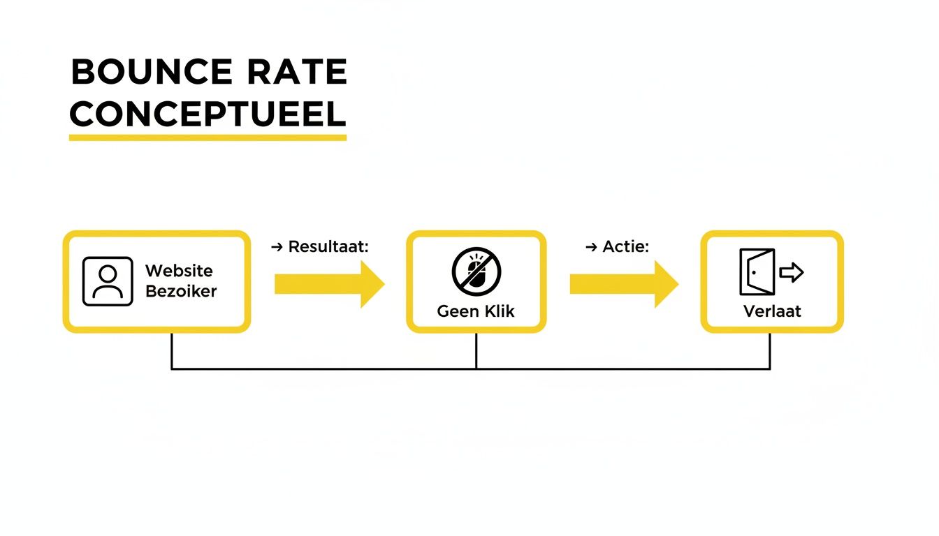 Conceptuele diagram van bounce rate: een websitebezoeker klikt niet en verlaat de website.