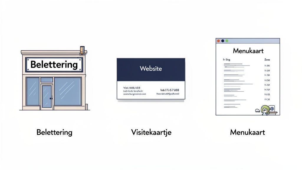 Illustratie van branding materialen: winkelbelettering, visitekaartje en digitale menukaart.