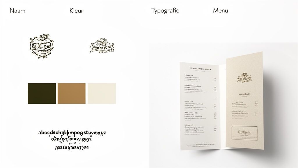 Visuele identiteit voor een horecazaak met logo's, kleurenpalet, typografie en een menukaartvoorbeeld.