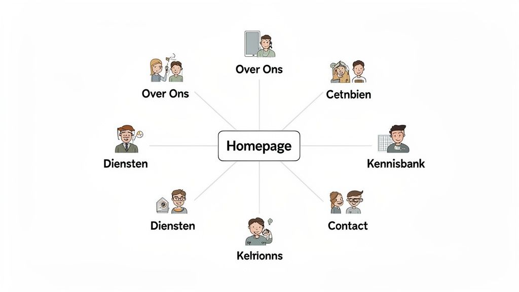 Mindmap van een websitehomepage, met onderdelen zoals 'Over Ons', 'Diensten', 'Kennisbank' en 'Contact' voor dienstverleners.