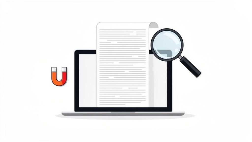 Illustratie van een laptop met een document, vergrootglas en magneet, symboliserend contentmarketing.