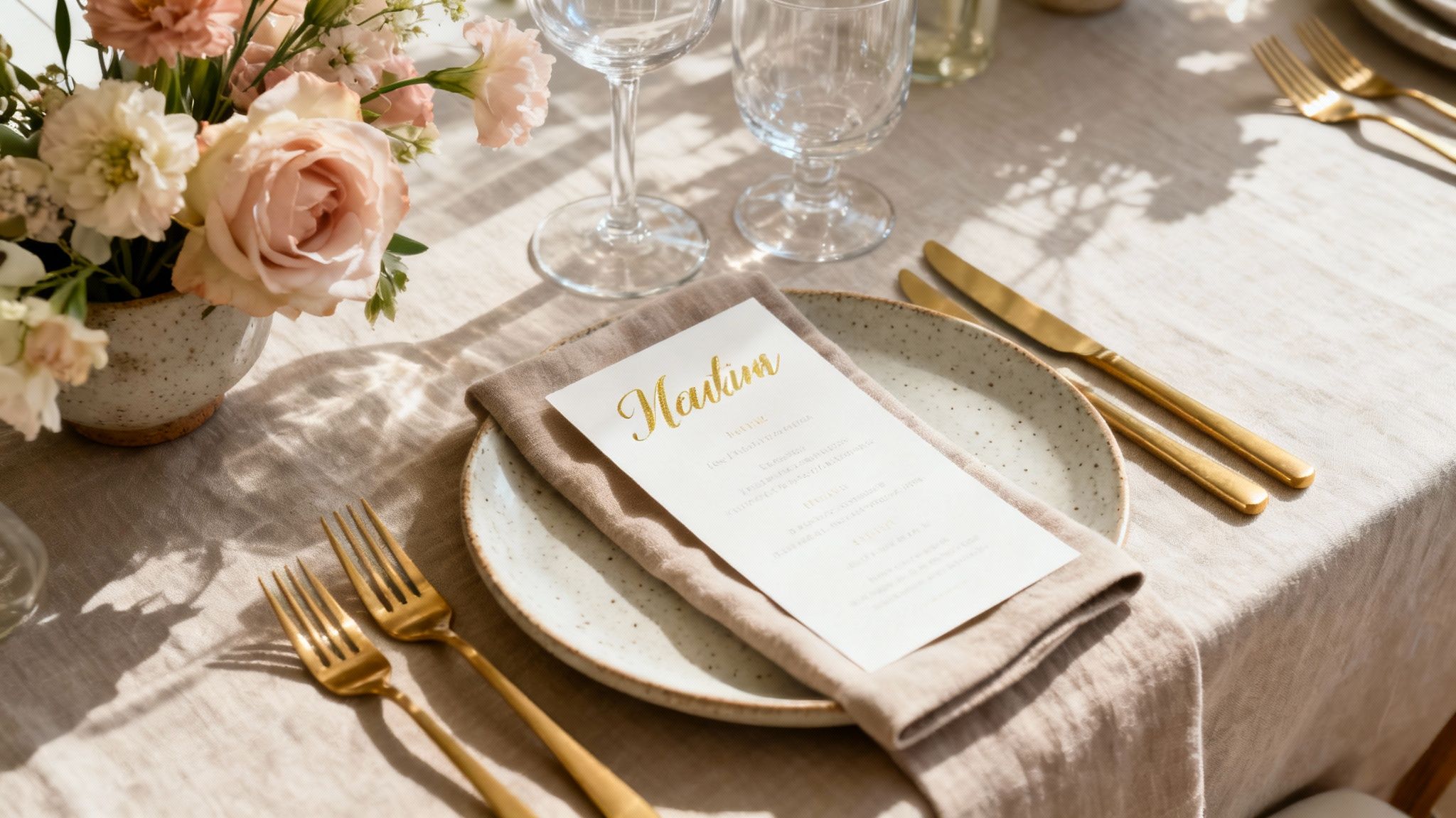 Elegant gedekte bruiloftstafel met goudkleurig bestek, roze servetten en menukaart met naam Nailun