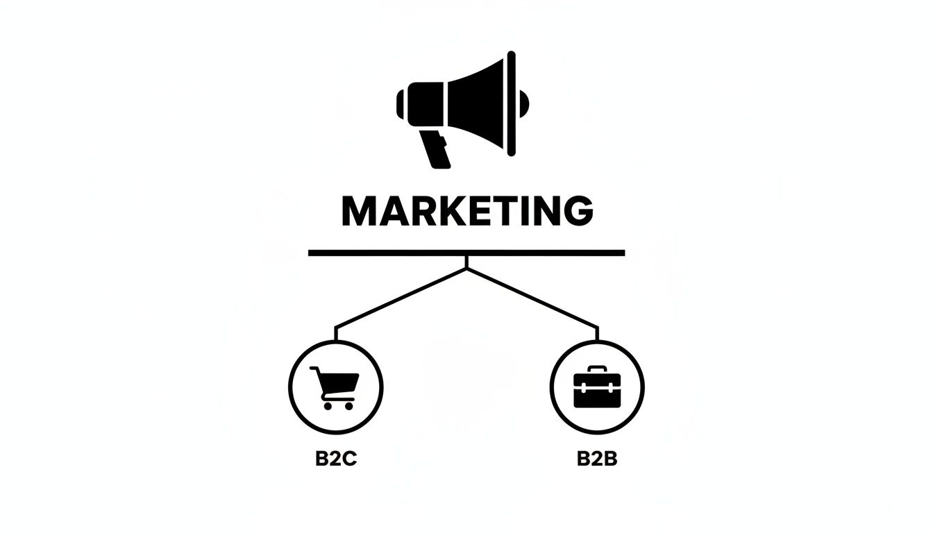 Een diagram over marketing dat vertakt in B2C (Business-to-Consumer) met een winkelwagen en B2B (Business-to-Business) met een aktetas.