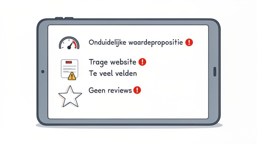 Tablet met lijst van websiteproblemen: onduidelijke waardepropositie, trage website, te veel velden, en geen reviews.