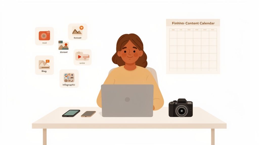 Illustratie van een vrouw die een contentkalender en diverse media-items beheert op haar laptop, omringd door telefoons en een camera.