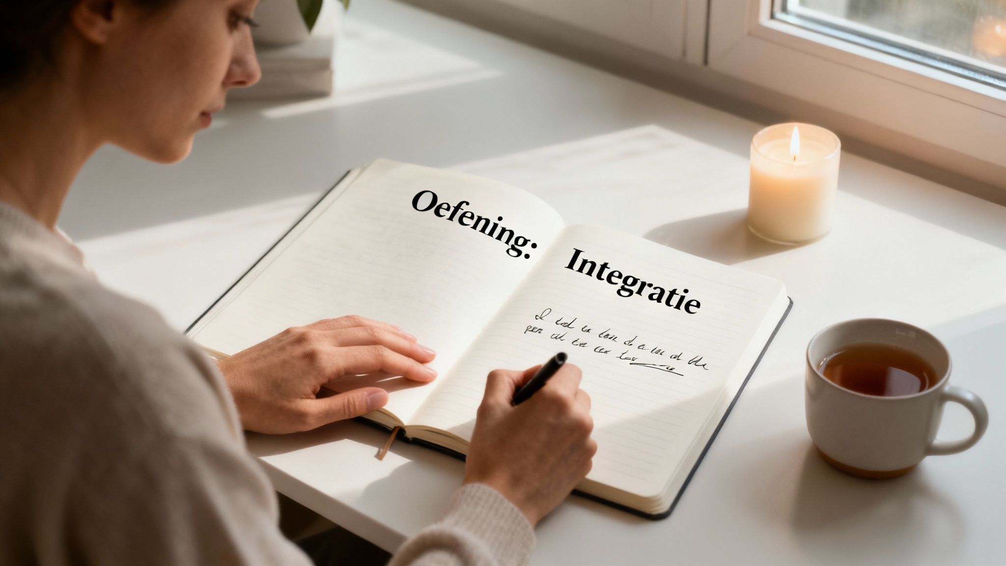 Vrouw schrijft in een open notitieboekje naast een brandende kaars en kopje thee.