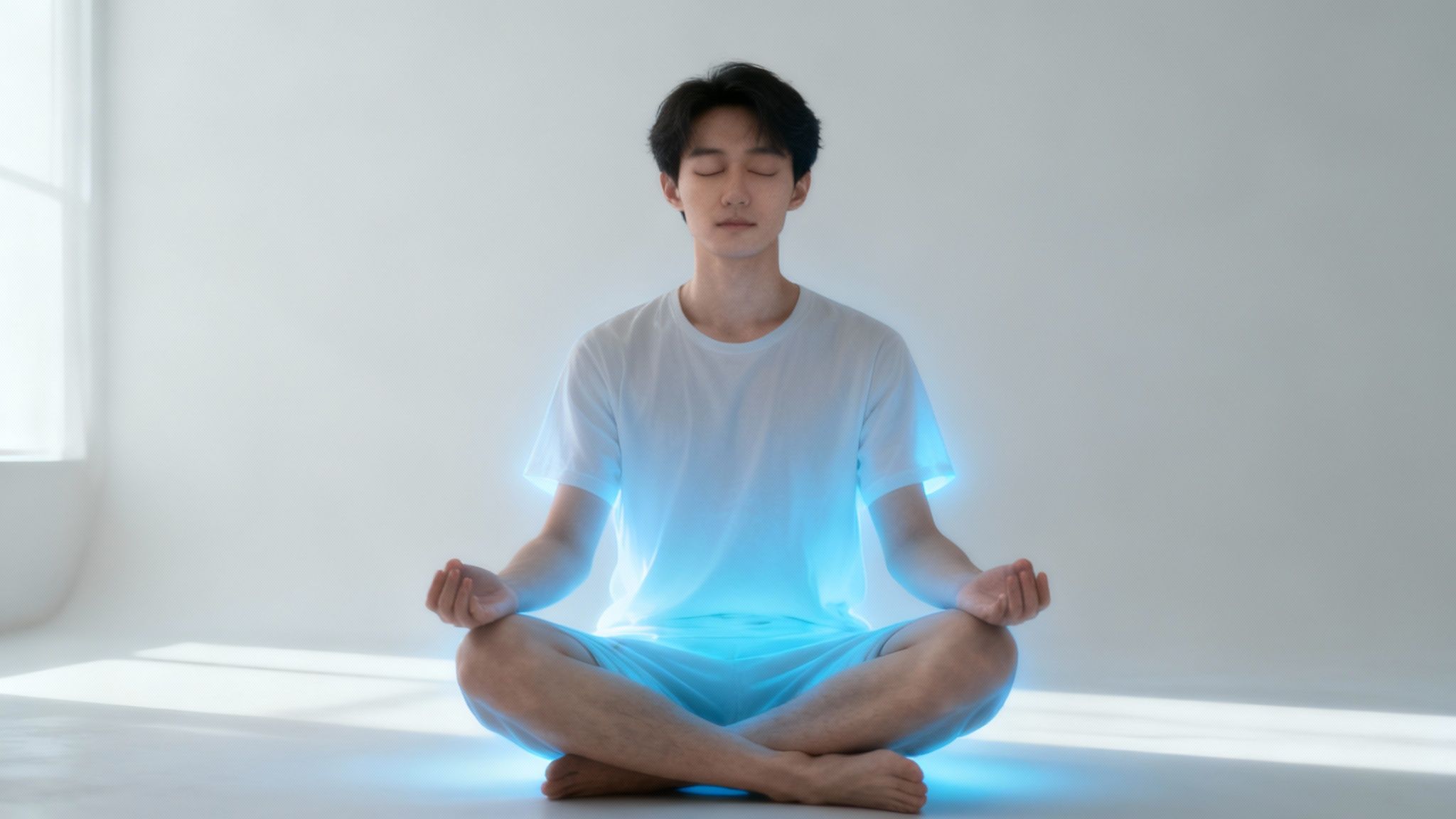 Jonge man mediteert in lotushouding met een kalme blik en een blauwe gloed om zijn lichaam.