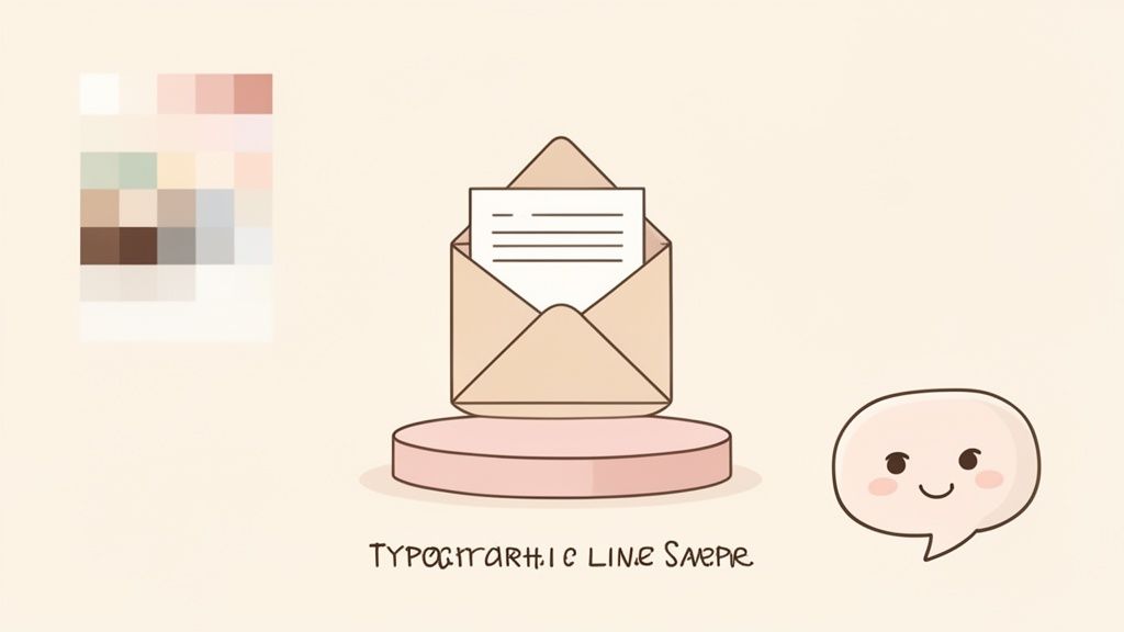 Open envelop met een brief op een roze sokkel, naast een kleurenpalet en een schattig spraakwolkje.
