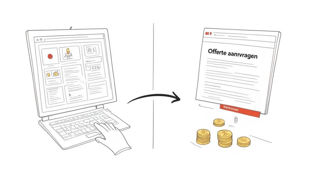 Illustratie van een laptop die online inkomsten genereert via een offerteaanvraag op een landingspagina.