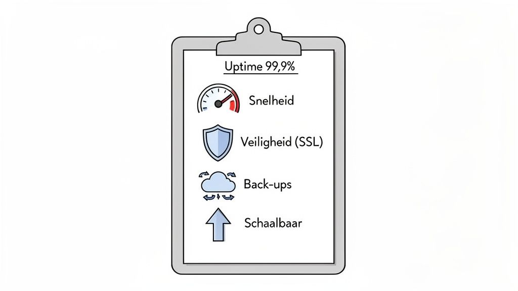 Een klembord toont de belangrijkste kenmerken van website hosting: uptime, snelheid, veiligheid (SSL), back-ups en schaalbaarheid.