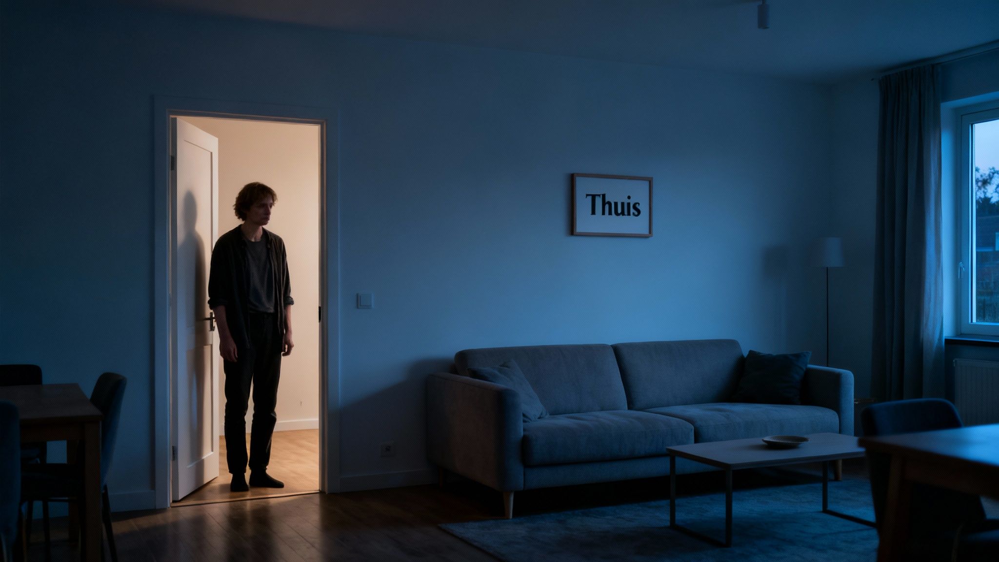 Jonge man staat in een deuropening van een donkere woonkamer met een bank en een schilderij 'Thuis'.