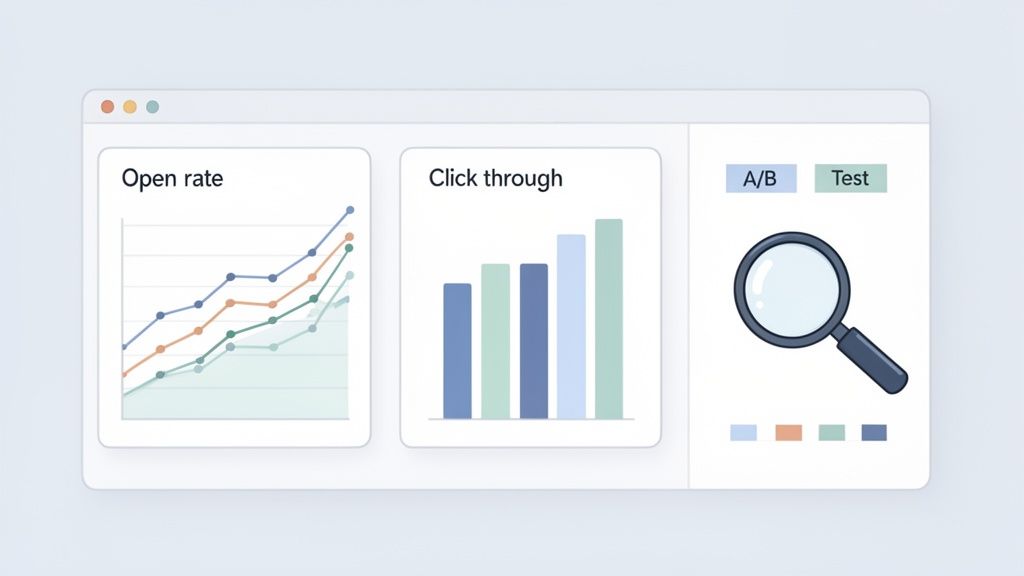 Een dashboard met grafieken voor open- en clickthrough-percentages en een A/B-testfunctie voor nieuwsbrieven.