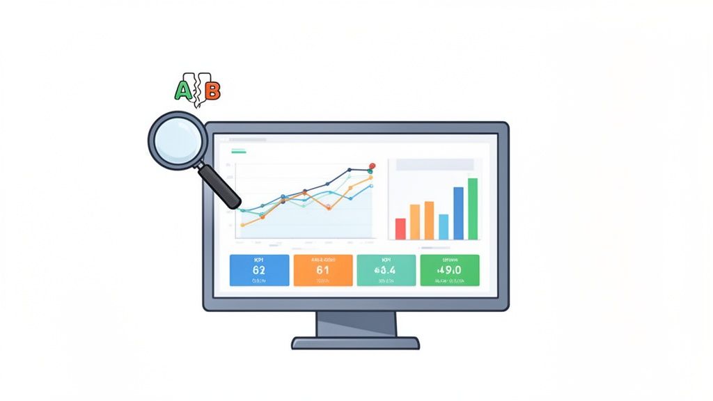 Een computer monitor met datagrafieken, KPI's en een vergrootglas, met een A/B-testsymbool erboven.