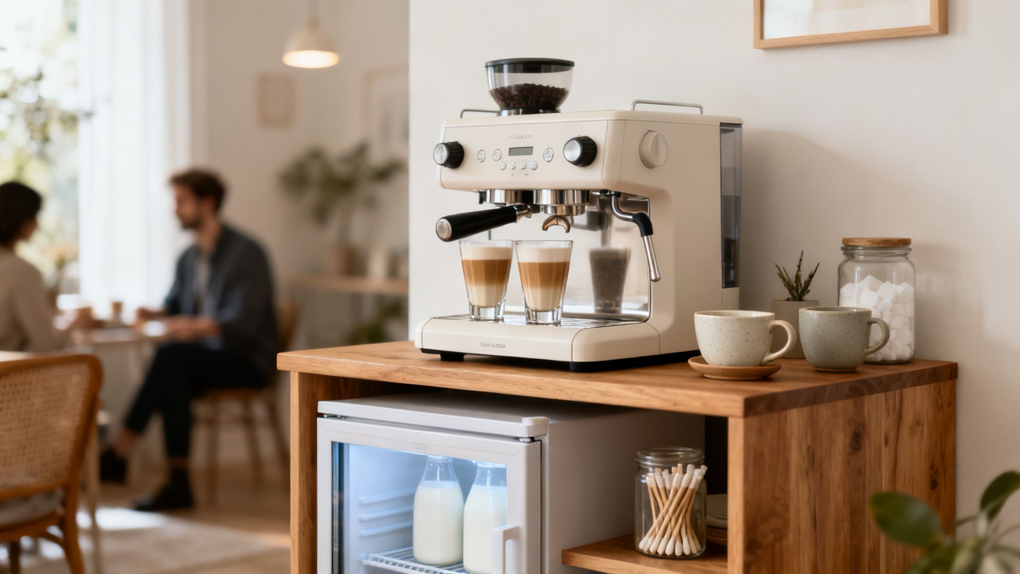 Een beige espressomachine met twee glazen latte en een minibar met melkflessen op een houten kast.