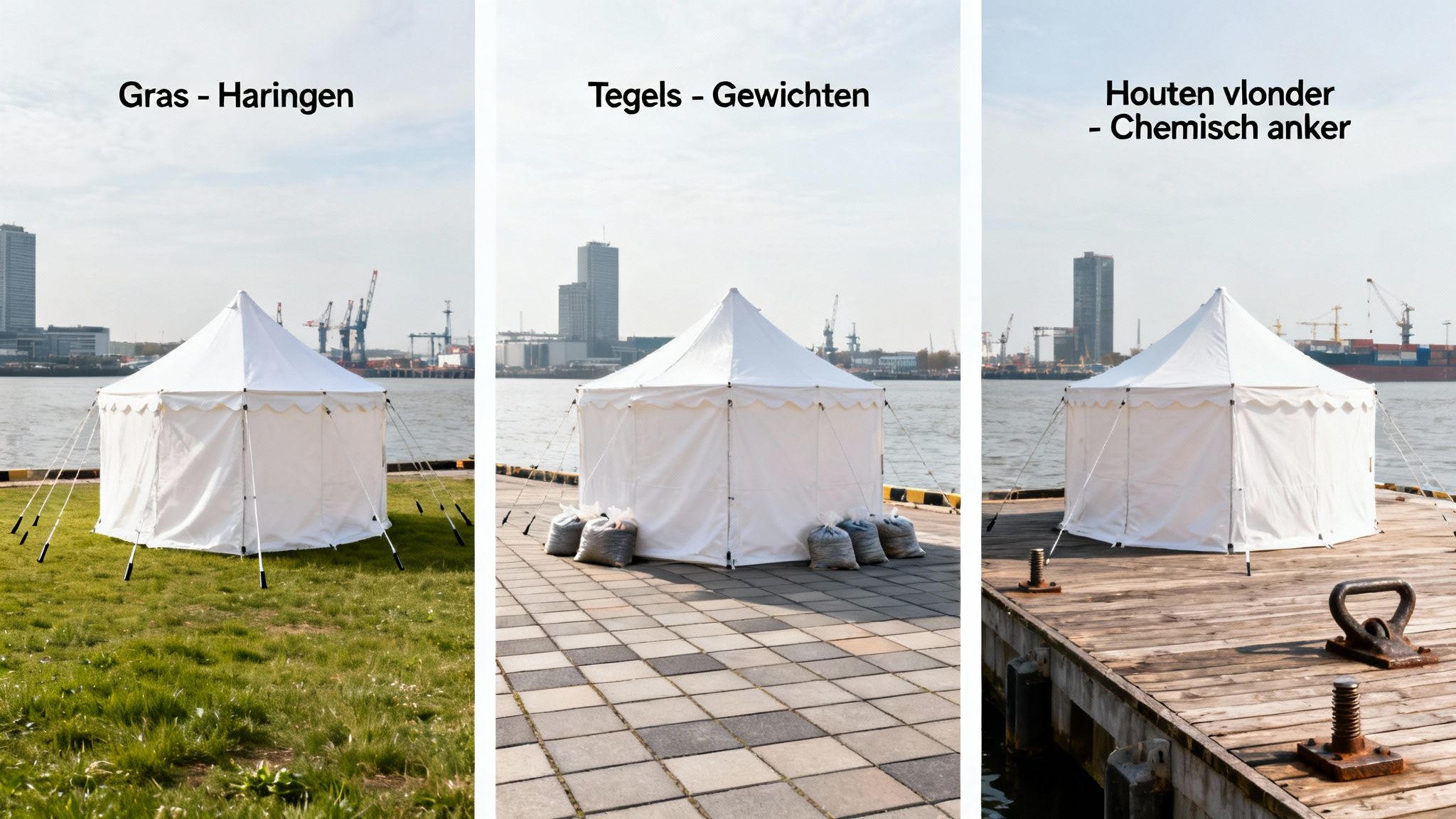 Drie witte partytenten op gras, tegels en een houten vlonder, met verschillende verankeringsmethoden getoond.