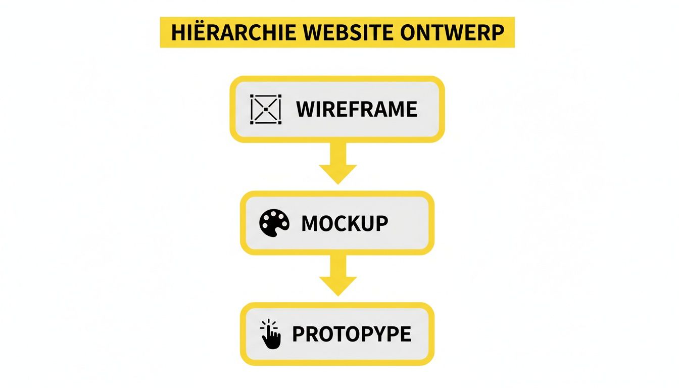 Een hiërarchisch diagram toont de stappen van website ontwerp: wireframe, mockup, prototype, met gele pijlen en een titel.