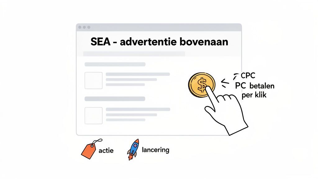Illustratie van een SEA-advertentie bovenaan de zoekresultaten, met CPC betalen per klik, inclusief iconen voor 'actie' en 'lancering'.