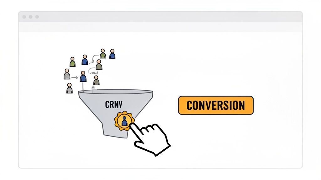 Illustratie van een marketingfunnel met mensen en een klikkende hand, gericht op conversie.