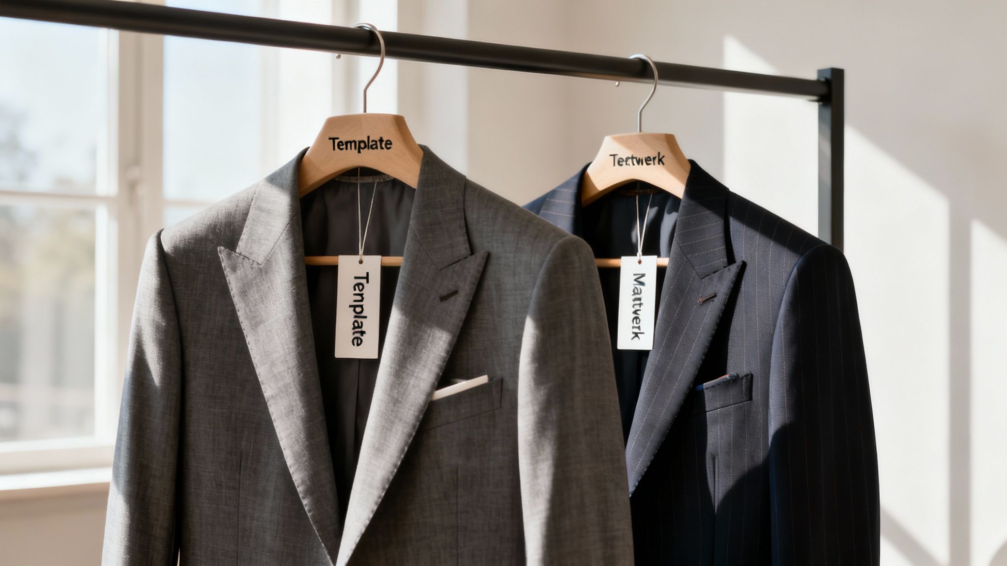 Een designer die kiest tussen een confectiepak op een paspop en een op maat gemaakt pak op een kleermakersmannequin.