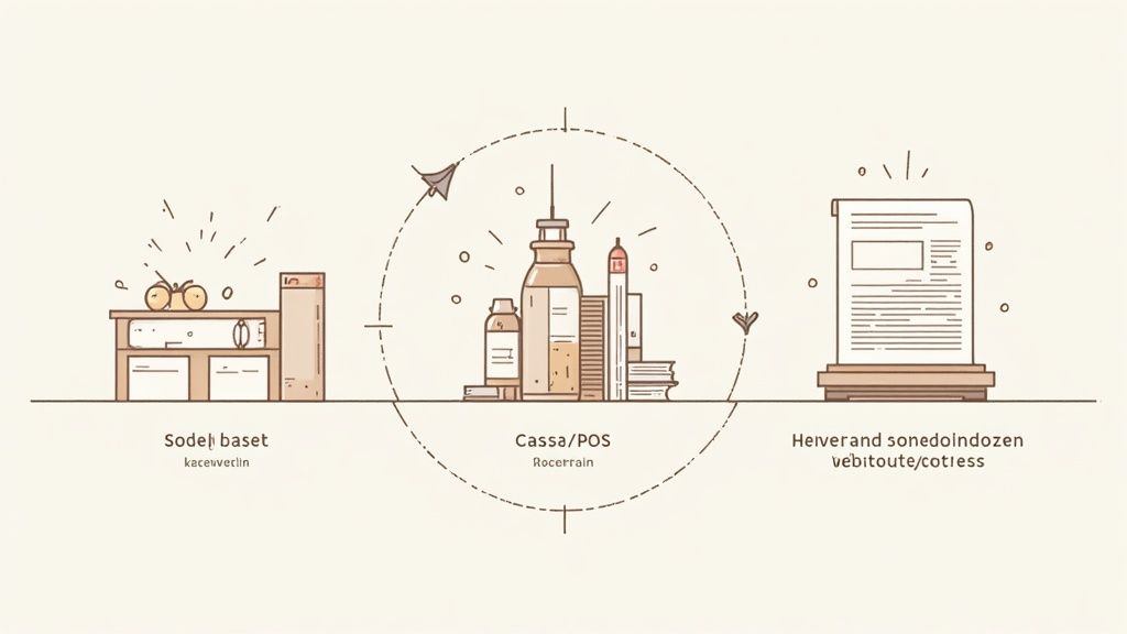 Geïllustreerde cyclus van een product, van thuis of productie via kassa (Cassa/POS) naar levering of documentatie.