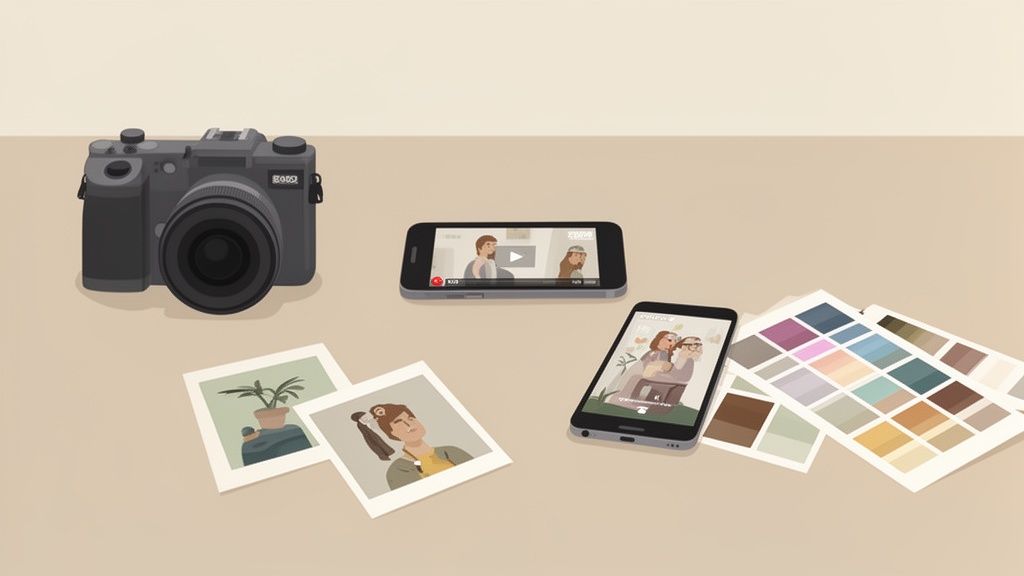 Overzicht van items voor sociale media campagne: camera, telefoons met video en foto's, afgedrukte foto's en kleurstalen.